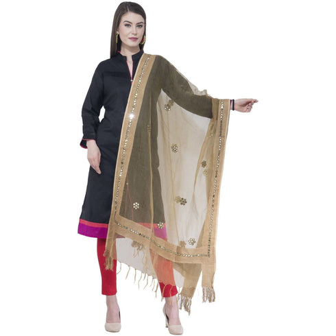 A R Silk Dark Golden Color Orgenza Flower Mirror Dupattas and Chunnis